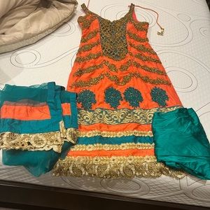 Elegant pajama suit orange with hand work